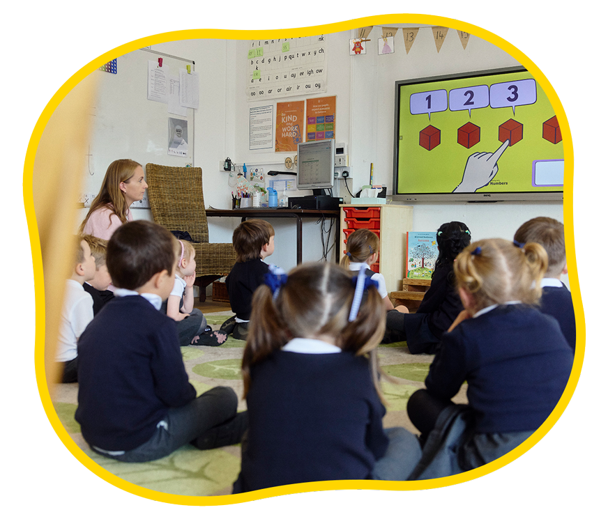 Photo of pupils sat near the whiteboard.