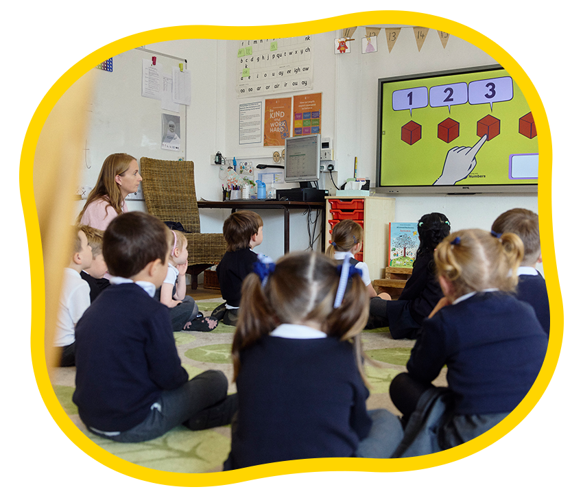 Photo of pupils sat around the whiteboard.